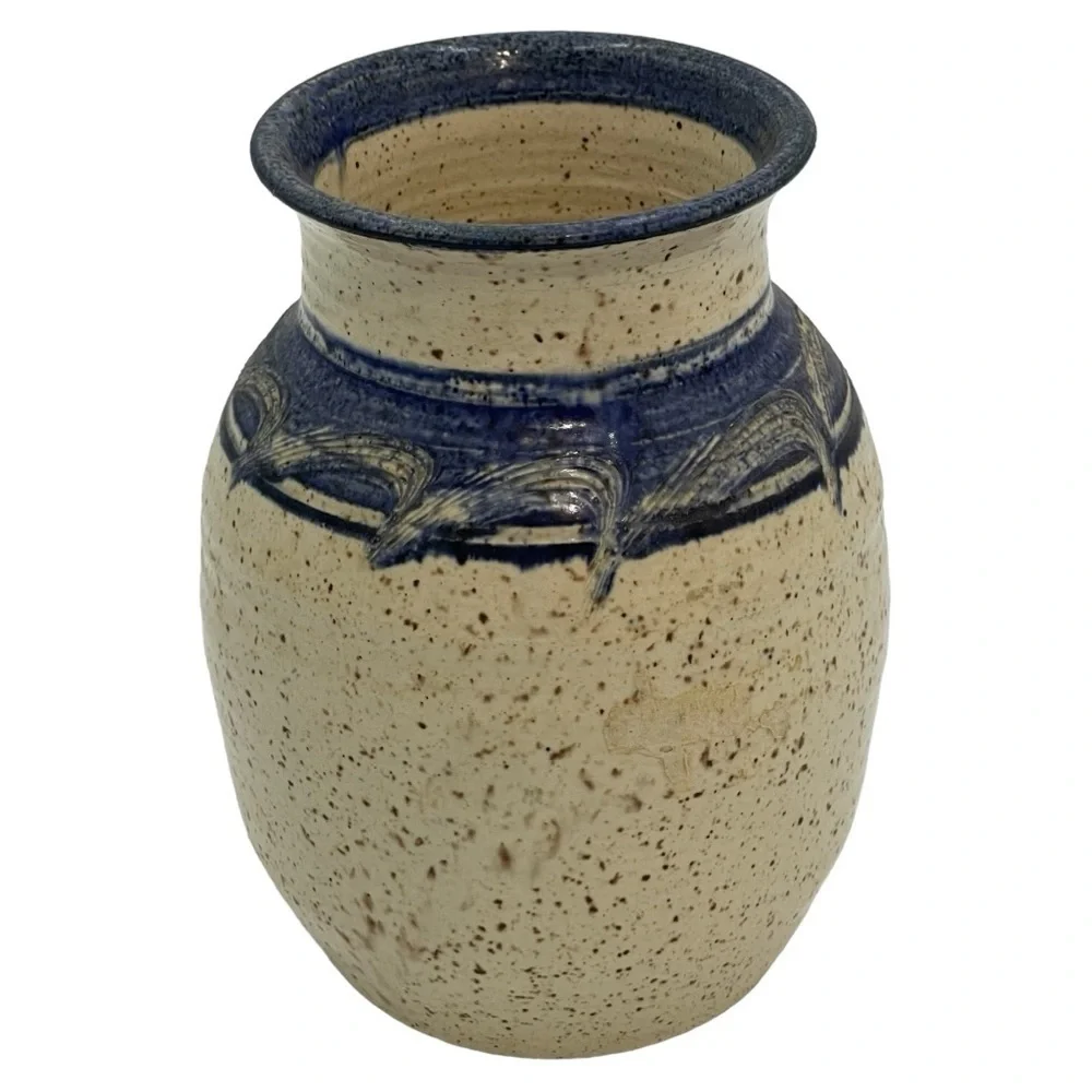 Vintage Handmade Speckled‎ Salt Glazed Beige & Cobalt Blue Signed Vase Pottery